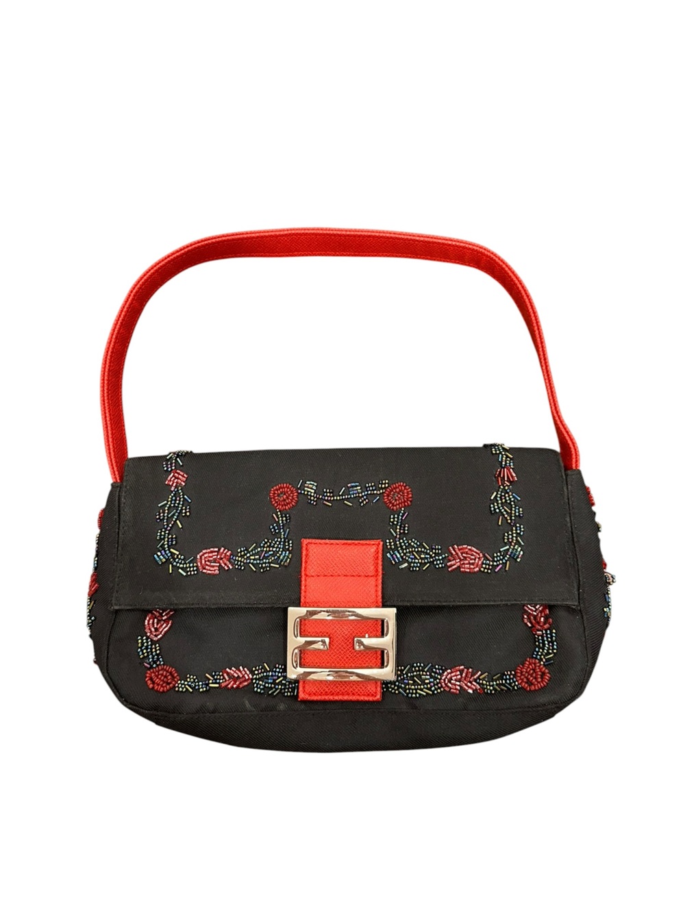 Black and Red Beaded Floral Accent Shoulder Baguette. Y2K style. Whimsical. Rave